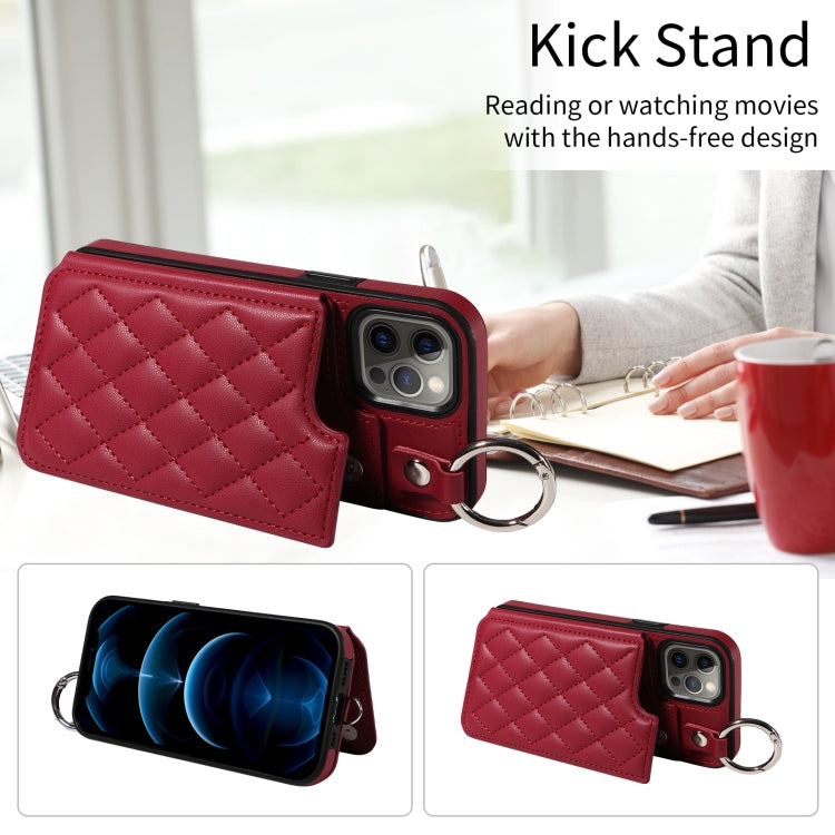 For iPhone 12 / 12 Pro Rhombic Texture Card Bag Phone Case with Short Lanyard