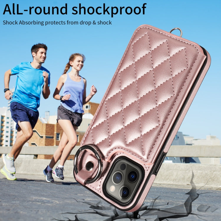 For iPhone 12 / 12 Pro Rhombic Texture Card Bag Phone Case with Short Lanyard
