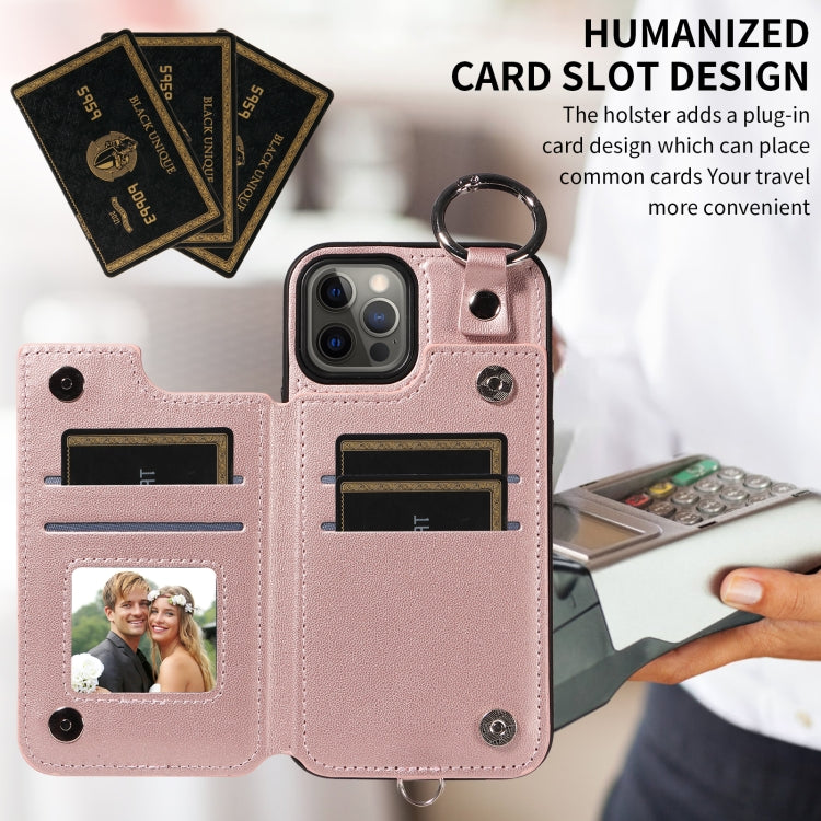 For iPhone 12 / 12 Pro Rhombic Texture Card Bag Phone Case with Short Lanyard