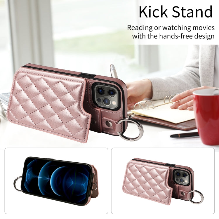 For iPhone 12 / 12 Pro Rhombic Texture Card Bag Phone Case with Short Lanyard