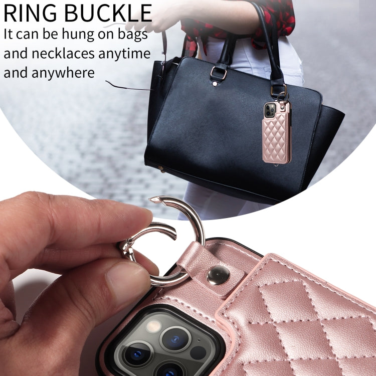 For iPhone 12 / 12 Pro Rhombic Texture Card Bag Phone Case with Short Lanyard