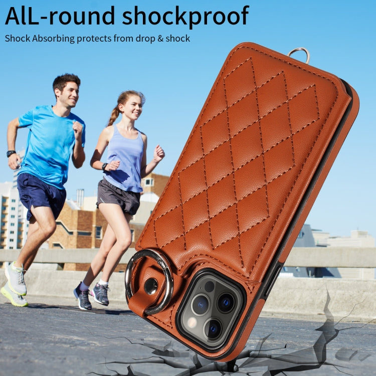For iPhone 12 / 12 Pro Rhombic Texture Card Bag Phone Case with Short Lanyard