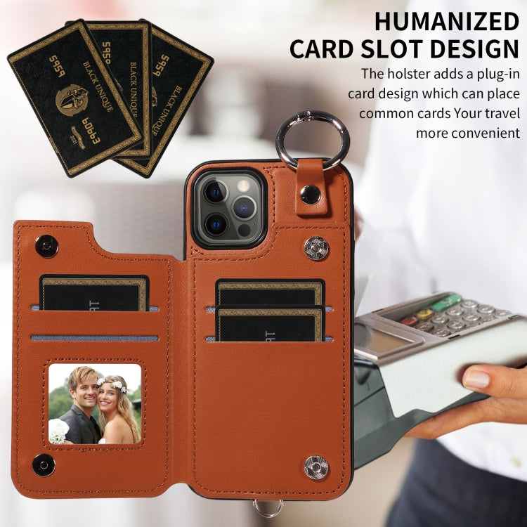 For iPhone 12 / 12 Pro Rhombic Texture Card Bag Phone Case with Short Lanyard