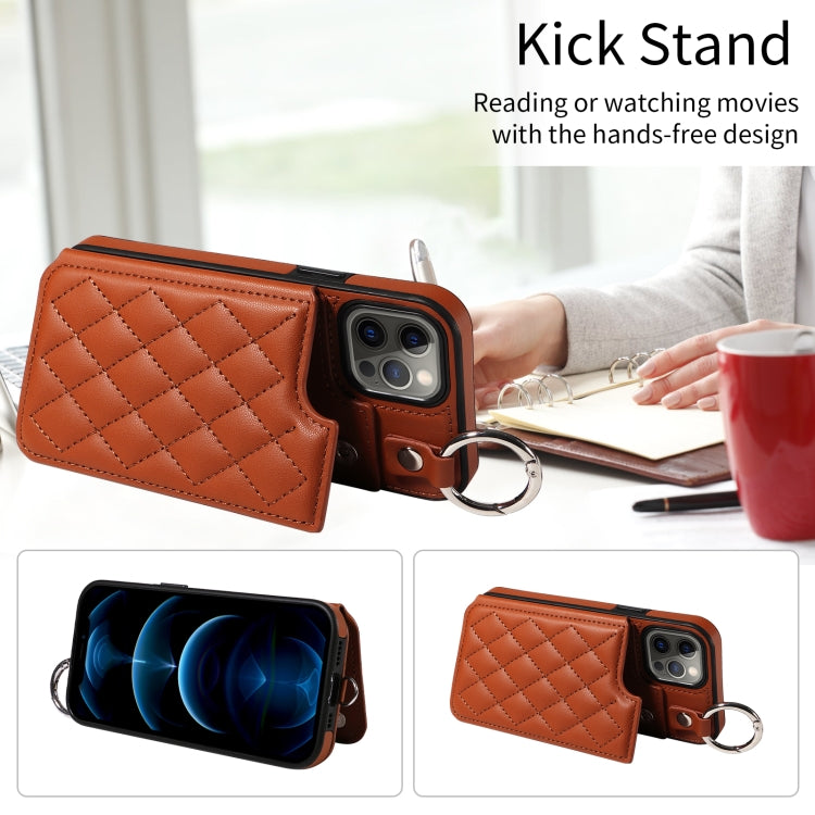 For iPhone 12 / 12 Pro Rhombic Texture Card Bag Phone Case with Short Lanyard