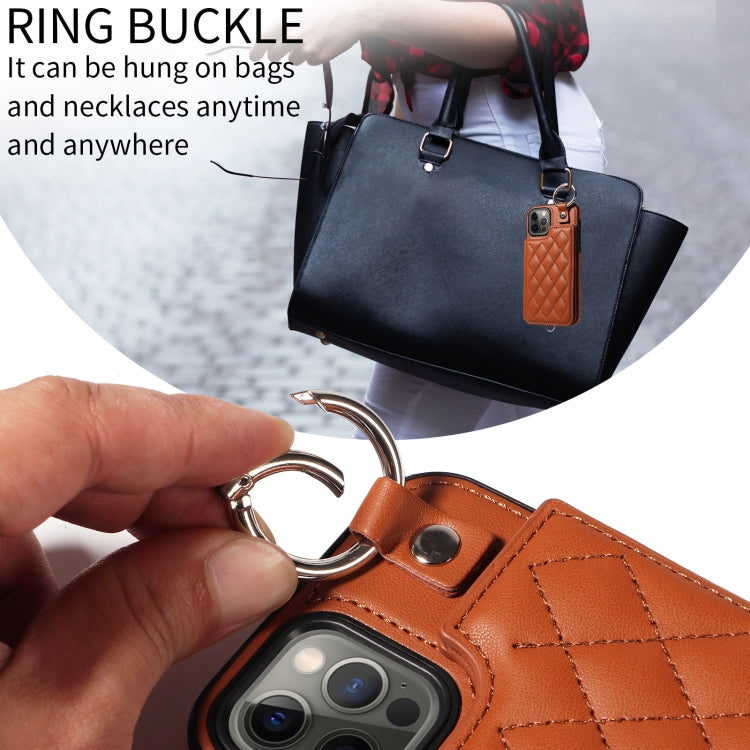 For iPhone 12 / 12 Pro Rhombic Texture Card Bag Phone Case with Short Lanyard