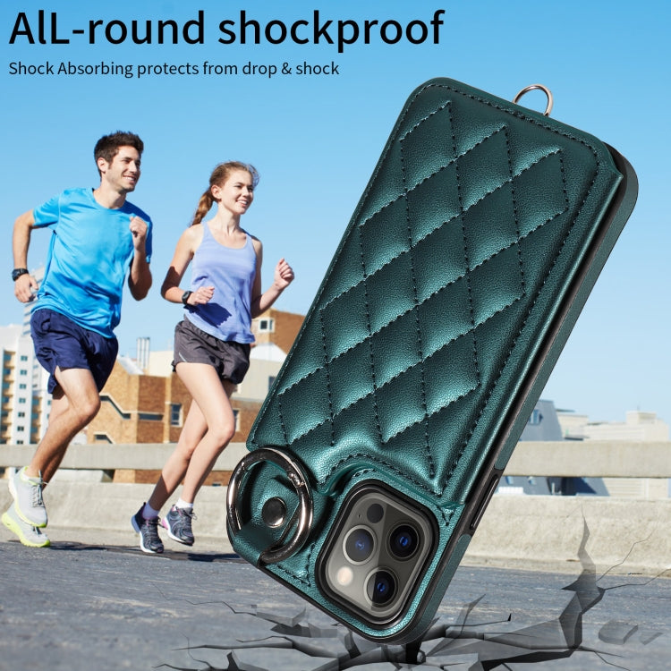 For iPhone 12 / 12 Pro Rhombic Texture Card Bag Phone Case with Short Lanyard