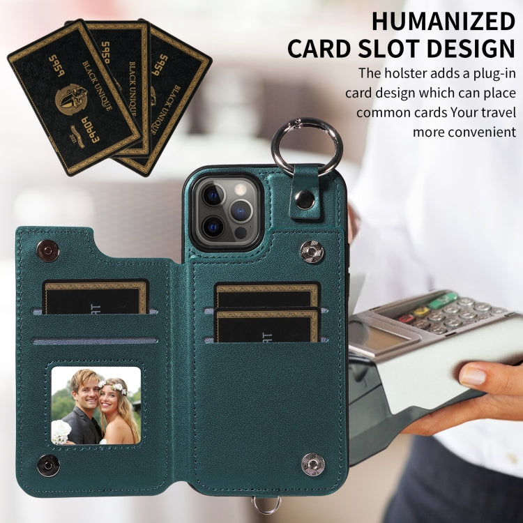 For iPhone 12 / 12 Pro Rhombic Texture Card Bag Phone Case with Short Lanyard