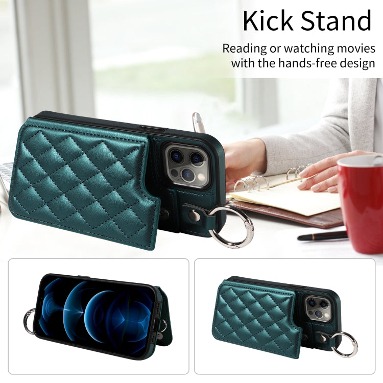 For iPhone 12 / 12 Pro Rhombic Texture Card Bag Phone Case with Short Lanyard