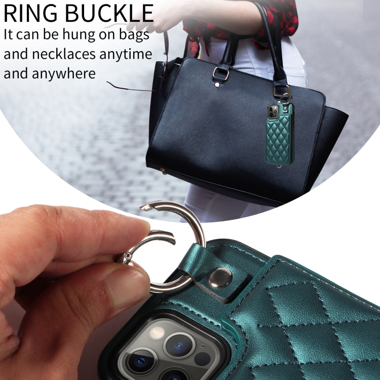 For iPhone 12 / 12 Pro Rhombic Texture Card Bag Phone Case with Short Lanyard