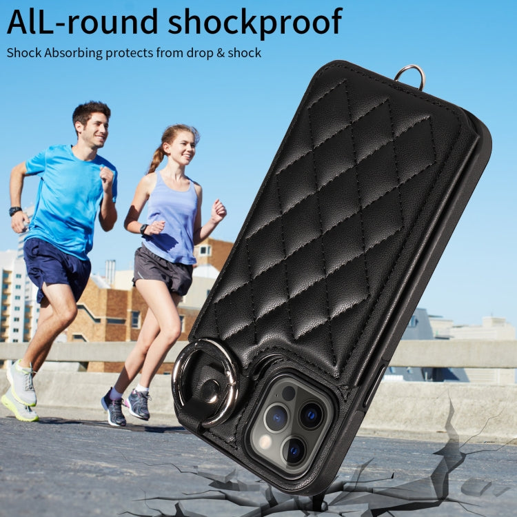 For iPhone 12 / 12 Pro Rhombic Texture Card Bag Phone Case with Short Lanyard