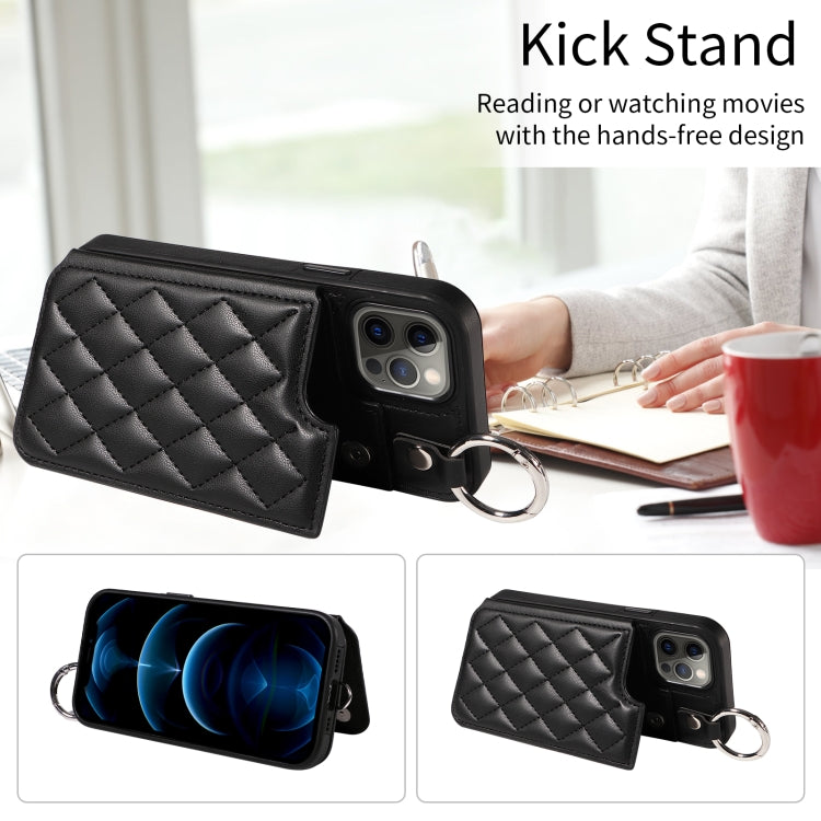 For iPhone 12 / 12 Pro Rhombic Texture Card Bag Phone Case with Short Lanyard