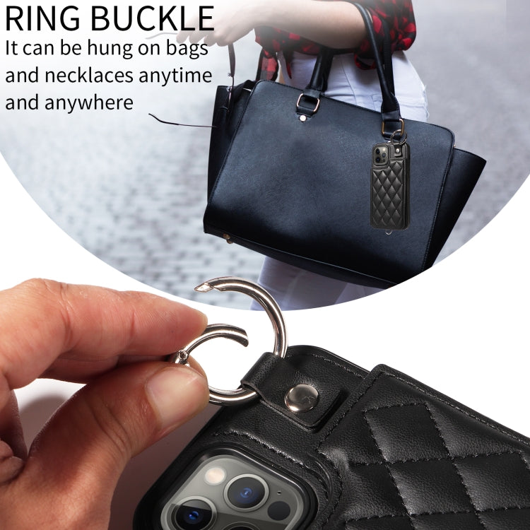 For iPhone 12 / 12 Pro Rhombic Texture Card Bag Phone Case with Short Lanyard