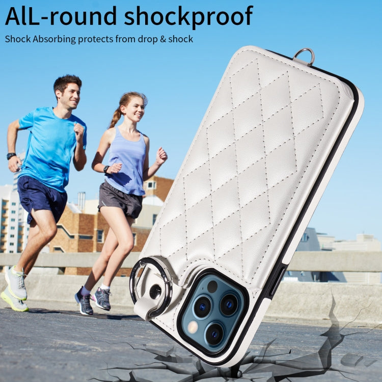 For iPhone 12 Pro Max Rhombic Texture Card Bag Phone Case with Short Lanyard