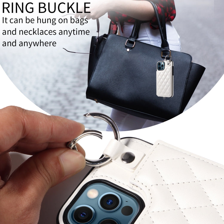 For iPhone 12 Pro Max Rhombic Texture Card Bag Phone Case with Short Lanyard