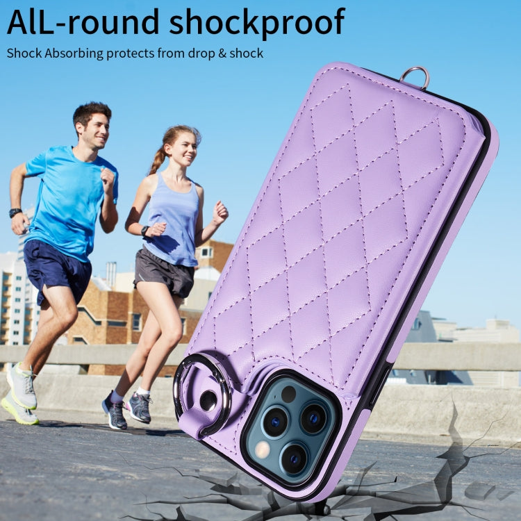 For iPhone 12 Pro Max Rhombic Texture Card Bag Phone Case with Short Lanyard
