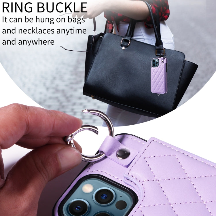 For iPhone 12 Pro Max Rhombic Texture Card Bag Phone Case with Short Lanyard