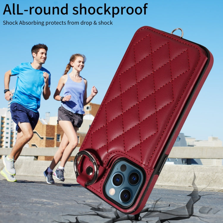 For iPhone 12 Pro Max Rhombic Texture Card Bag Phone Case with Short Lanyard