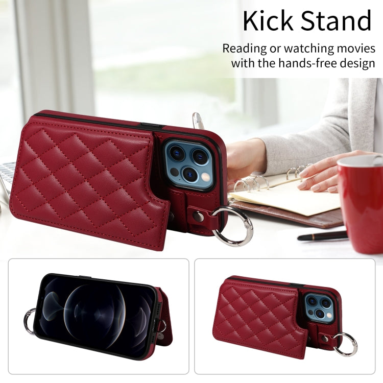 For iPhone 12 Pro Max Rhombic Texture Card Bag Phone Case with Short Lanyard
