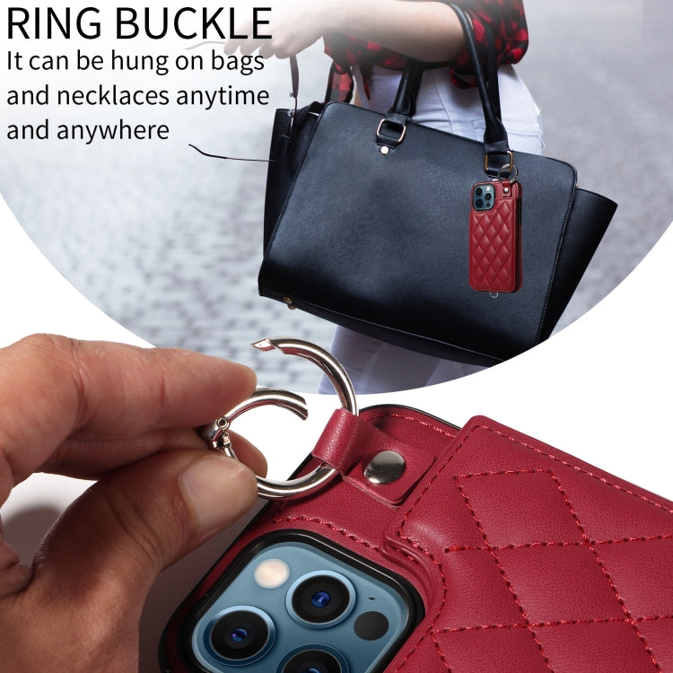 For iPhone 12 Pro Max Rhombic Texture Card Bag Phone Case with Short Lanyard