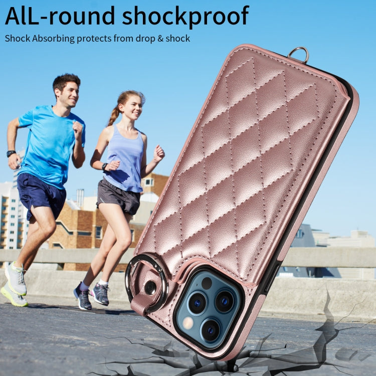 For iPhone 12 Pro Max Rhombic Texture Card Bag Phone Case with Short Lanyard