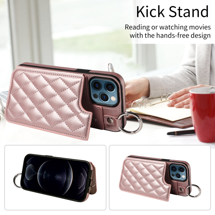 For iPhone 12 Pro Max Rhombic Texture Card Bag Phone Case with Short Lanyard
