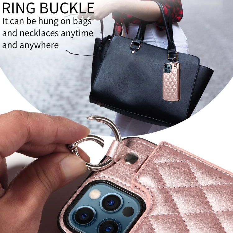 For iPhone 12 Pro Max Rhombic Texture Card Bag Phone Case with Short Lanyard
