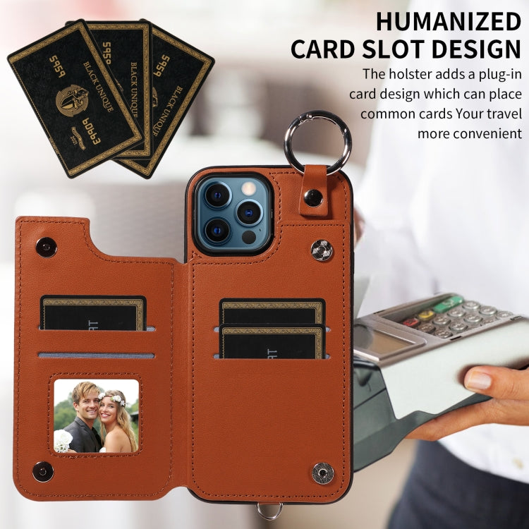 For iPhone 12 Pro Max Rhombic Texture Card Bag Phone Case with Short Lanyard