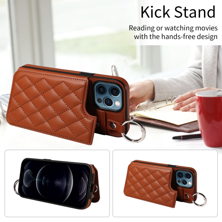 For iPhone 12 Pro Max Rhombic Texture Card Bag Phone Case with Short Lanyard