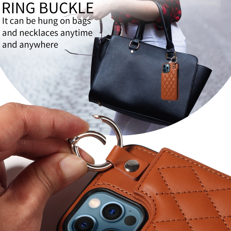 For iPhone 12 Pro Max Rhombic Texture Card Bag Phone Case with Short Lanyard