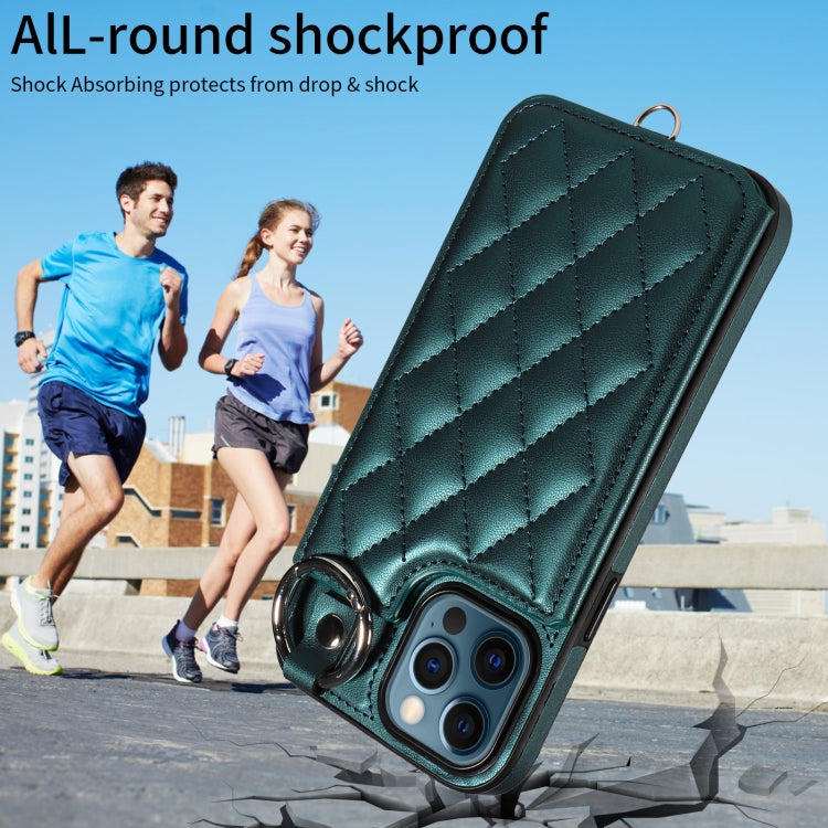 For iPhone 12 Pro Max Rhombic Texture Card Bag Phone Case with Short Lanyard