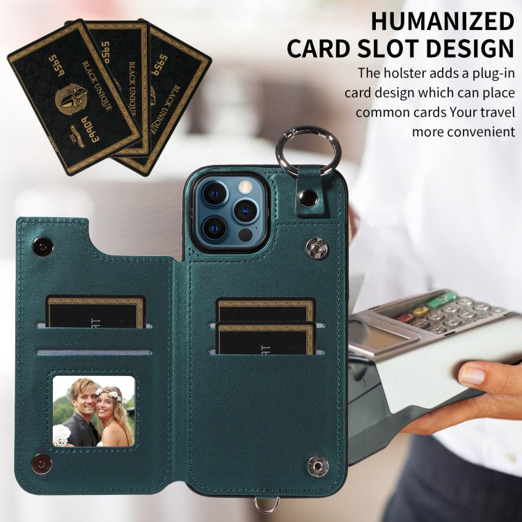 For iPhone 12 Pro Max Rhombic Texture Card Bag Phone Case with Short Lanyard