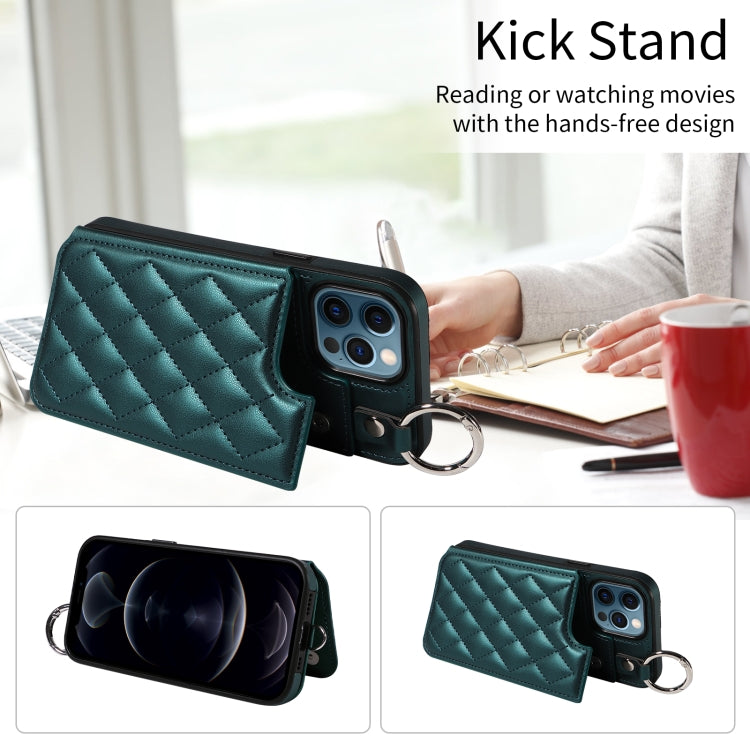For iPhone 12 Pro Max Rhombic Texture Card Bag Phone Case with Short Lanyard