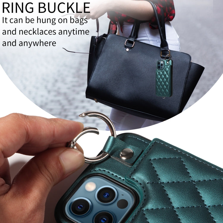 For iPhone 12 Pro Max Rhombic Texture Card Bag Phone Case with Short Lanyard
