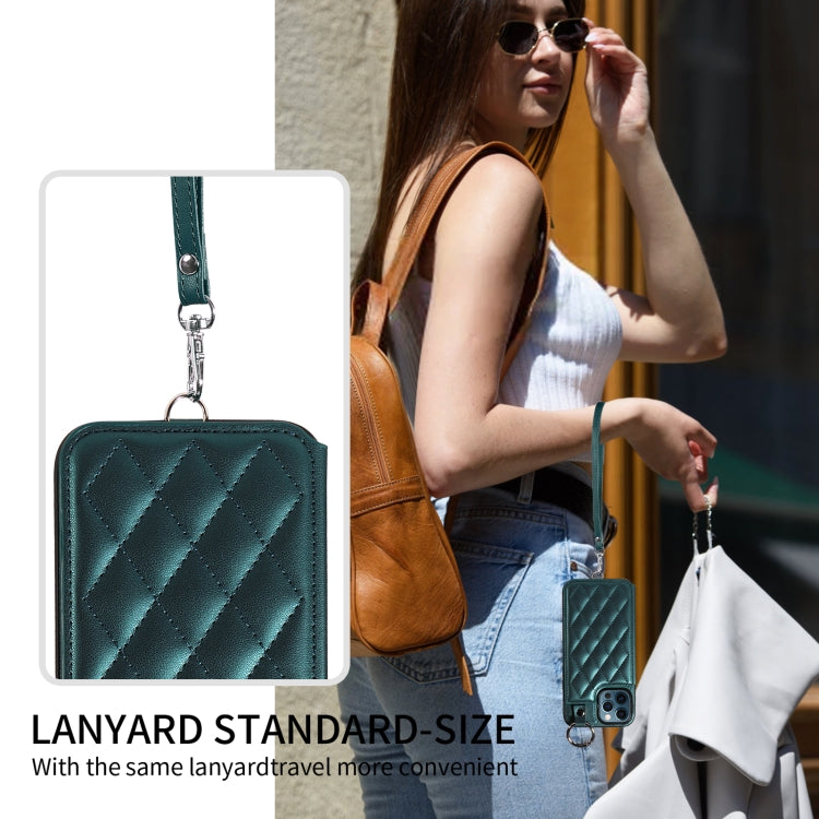 For iPhone 12 Pro Max Rhombic Texture Card Bag Phone Case with Short Lanyard