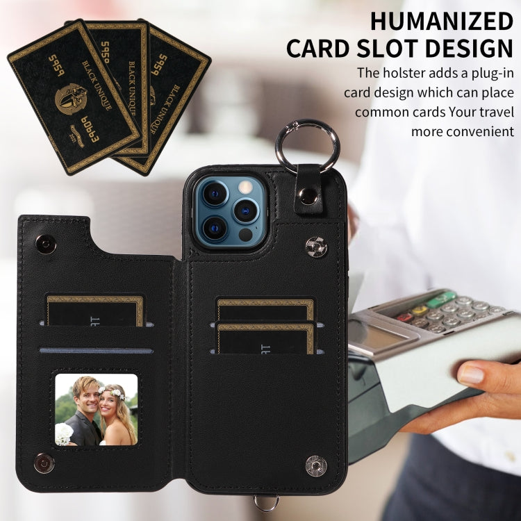 For iPhone 12 Pro Max Rhombic Texture Card Bag Phone Case with Short Lanyard