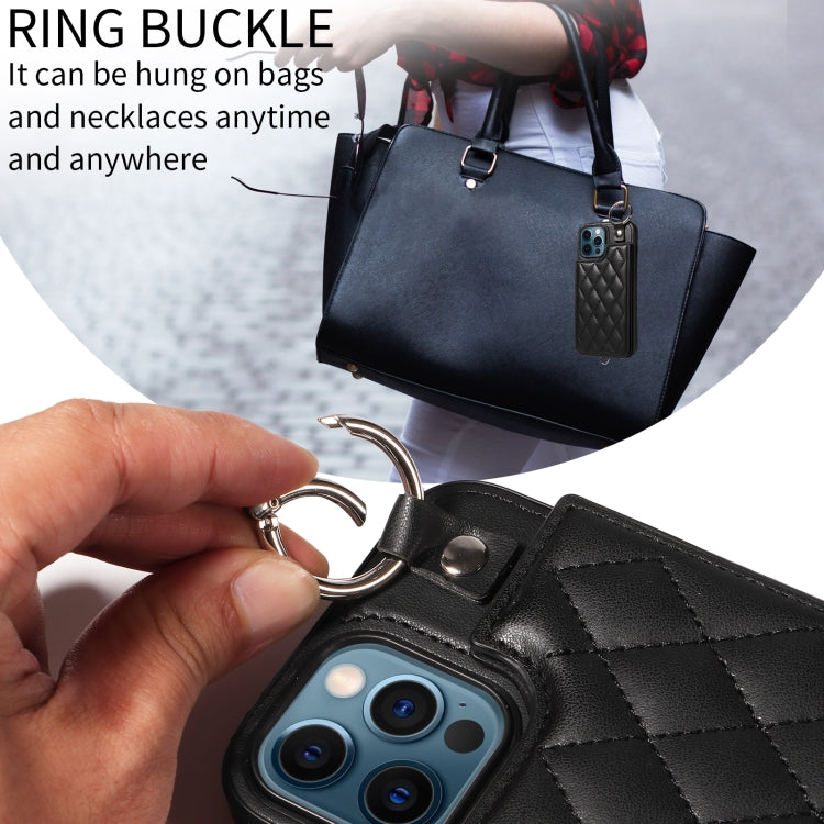 For iPhone 12 Pro Max Rhombic Texture Card Bag Phone Case with Short Lanyard