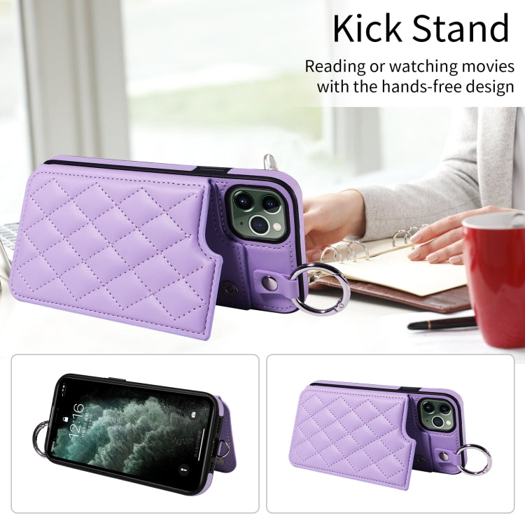 For iPhone 11 Pro Max Rhombic Texture Card Bag Phone Case with Short Lanyard