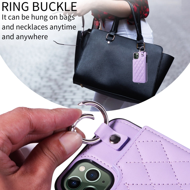 For iPhone 11 Pro Max Rhombic Texture Card Bag Phone Case with Short Lanyard