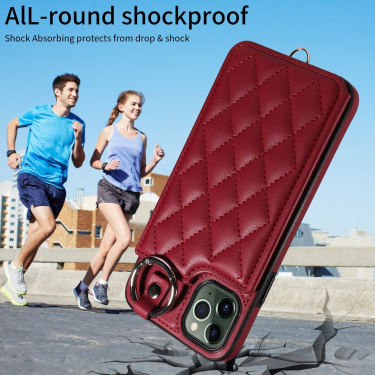 For iPhone 11 Pro Max Rhombic Texture Card Bag Phone Case with Short Lanyard