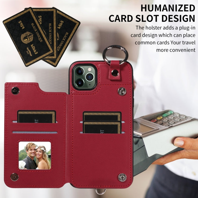 For iPhone 11 Pro Max Rhombic Texture Card Bag Phone Case with Short Lanyard