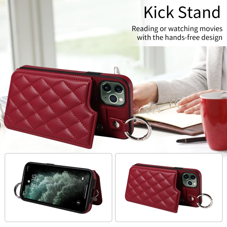 For iPhone 11 Pro Max Rhombic Texture Card Bag Phone Case with Short Lanyard