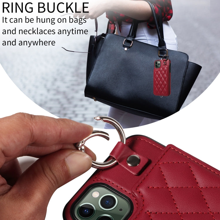 For iPhone 11 Pro Max Rhombic Texture Card Bag Phone Case with Short Lanyard