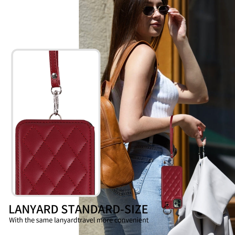 For iPhone 11 Pro Max Rhombic Texture Card Bag Phone Case with Short Lanyard