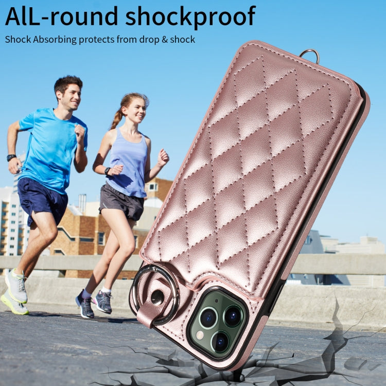 For iPhone 11 Pro Max Rhombic Texture Card Bag Phone Case with Short Lanyard