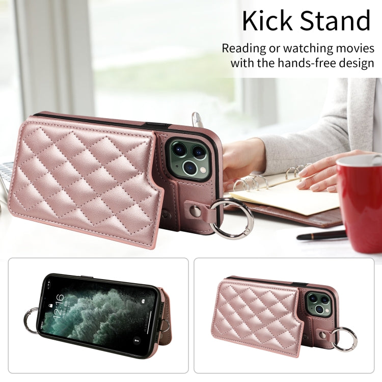 For iPhone 11 Pro Max Rhombic Texture Card Bag Phone Case with Short Lanyard