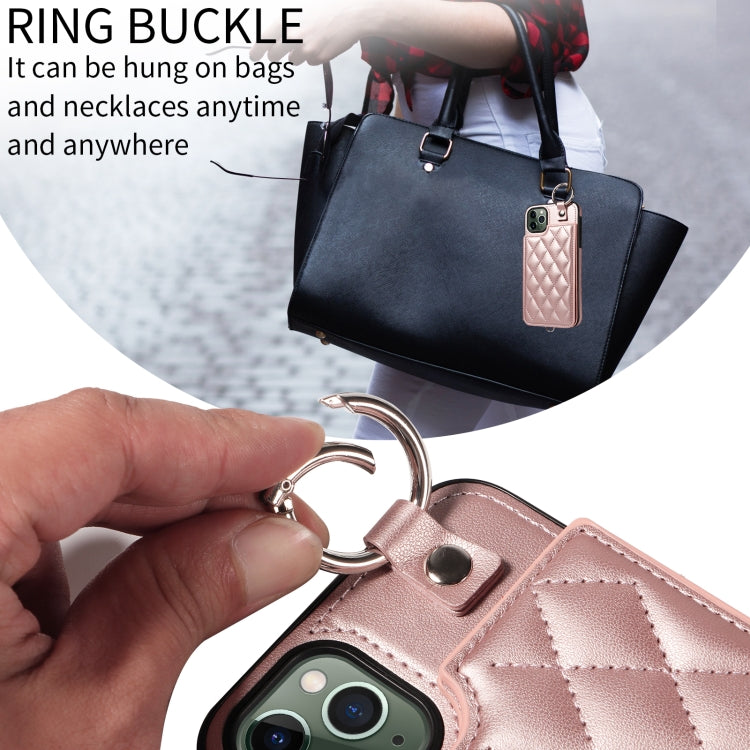 For iPhone 11 Pro Max Rhombic Texture Card Bag Phone Case with Short Lanyard