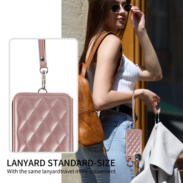 For iPhone 11 Pro Max Rhombic Texture Card Bag Phone Case with Short Lanyard