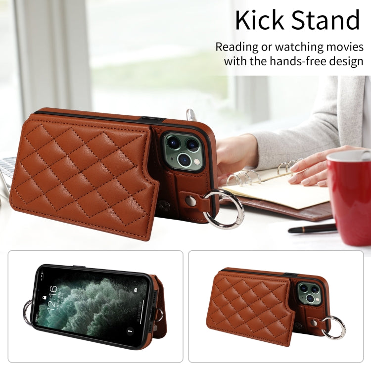 For iPhone 11 Pro Max Rhombic Texture Card Bag Phone Case with Short Lanyard
