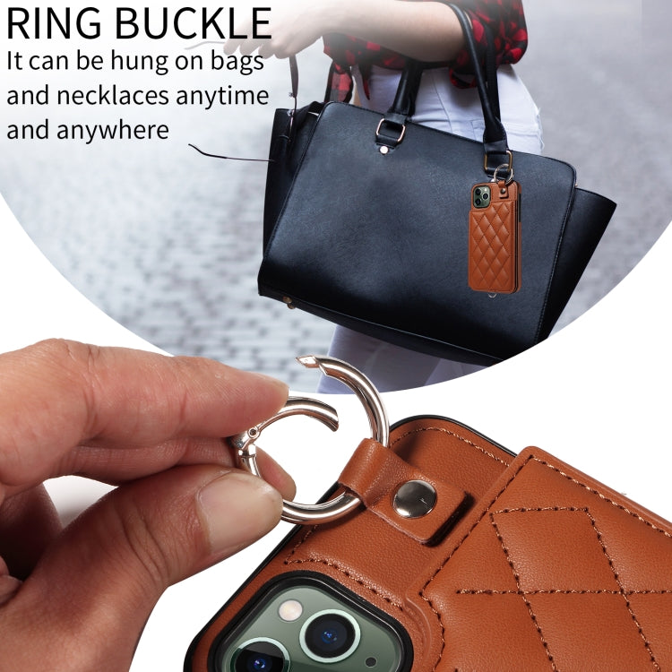 For iPhone 11 Pro Max Rhombic Texture Card Bag Phone Case with Short Lanyard