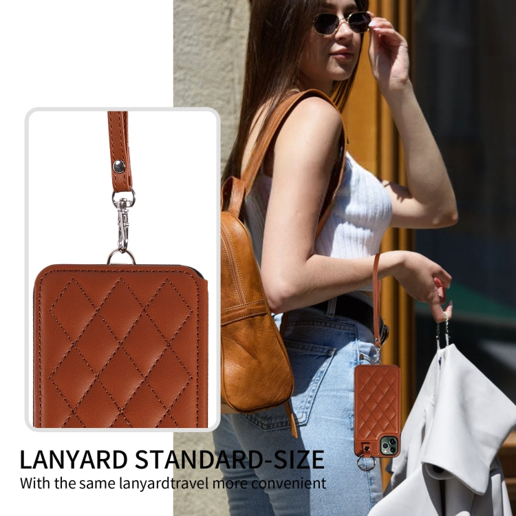 For iPhone 11 Pro Max Rhombic Texture Card Bag Phone Case with Short Lanyard